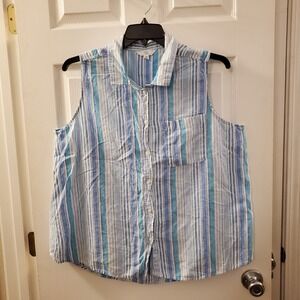 Time and Tru sz XXL slvless camp shirt top stripe linen blend spring summer